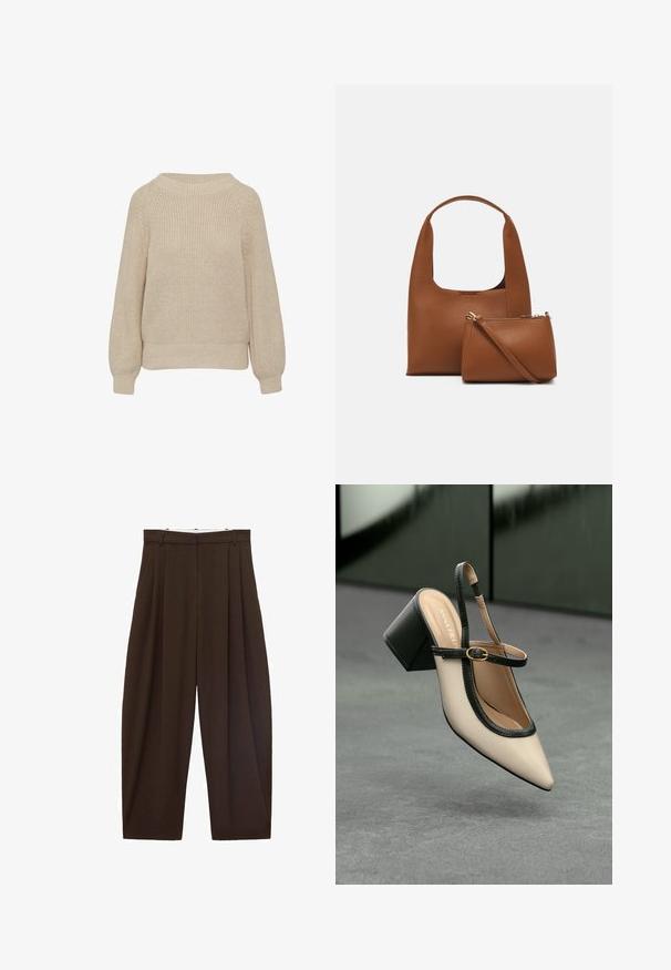 Beige gebreide trui met een ronde hals, lange mouwen en geribde mouwen. Heeft een gestructureerd patroon en een relaxte pasvorm.; Bruine high-waisted broek met plooien, gemaakt van soepel materiaal. Loose fit, rechte pijpen, met riemlussen en een ritsluiting.; Beige puntige slingback schoen met zwarte rand, gouden gesp en een chunky blokhak op een grijze vloer met een donker groene achtergrond.; Bruine synthetische handtas met een gebogen handvat en een gladde textuur. Inclusief een bijpassende kleine tas met rits. Minimalistisch ontwerp.