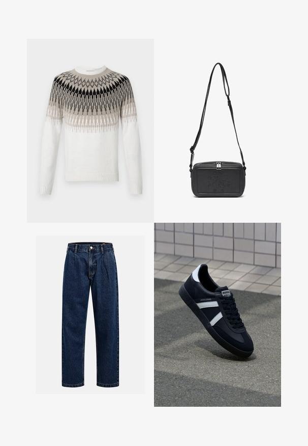 Maglione lavorato a maglia di colore bianco con un motivo geometrico in tonalità di nero, grigio e beige. Presenta un collo a girocollo e polsini e orlo a costine.; Jeans in denim blu scuro con design a gamba dritta. Presentano cuciture visibili, una chiusura con bottone e pieghe frontali per un tocco di dettaglio in più.; Sneaker neri in pelle con strisce bianche, suola in gomma texturizzata e allacciatura frontale. Presenta un'etichetta con il marchio sulla linguetta.; Borsa a tracolla nera in pelle con chiusura zip, logo impresso sul davanti e tracolla regolabile. Texture liscia con forma rettangolare.