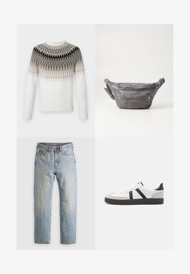 Maglione lavorato a maglia di colore bianco con un motivo geometrico in tonalità di nero, grigio e beige. Presenta un collo a girocollo e polsini e orlo a costine.; Jeans in denim azzurro chiaro con vita alta, bottone anteriore, cerniera e design a cinque tasche, adagiati su uno sfondo neutro.; Sneaker bianco con accenti neri e grigi, dotata di una punta grigia testurizzata, suola in gomma nera e lacci bianchi piatti. Design pulito, stile minimalista.; Fanny pack in suede grigio con forma arrotondata, due scomparti con cerniera e tracolla regolabile. Presenta dettagli in metallo.