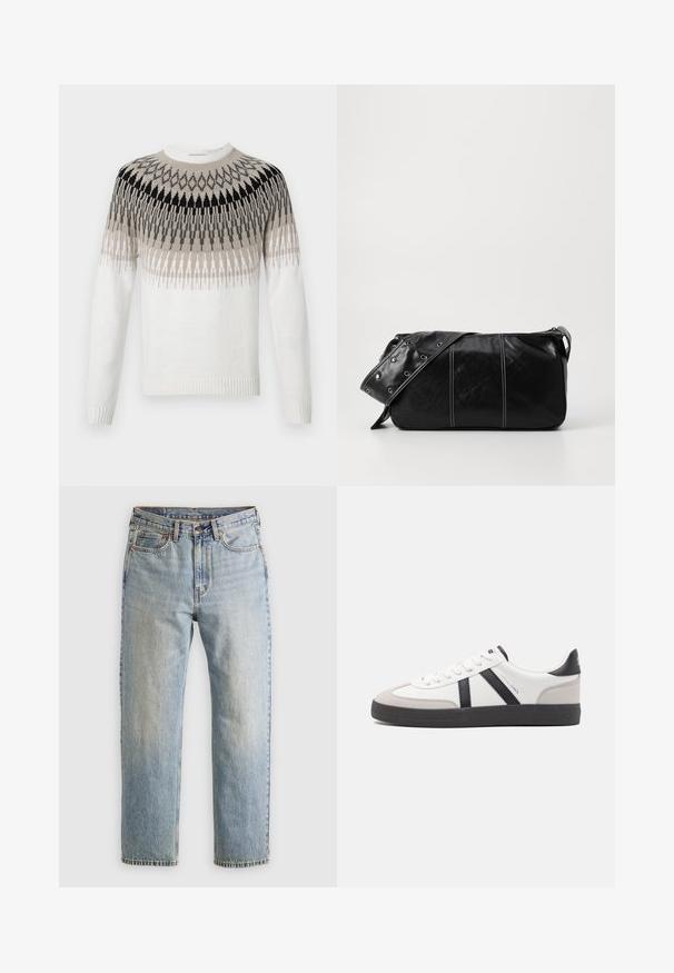 Knit sweater in white with a geometric pattern in shades of black, gray, and beige. Features a crew neck and ribbed cuffs and hem.; Light blue denim jeans with high waist, front button, zipper, and five-pocket design, laid flat on a neutral background.; White sneaker with black and gray accents, featuring a textured gray toe cap, black rubber sole, and flat white laces. Clean design, minimalist style.; Black leather shoulder bag with a zip closure, featuring a textured body, white stitching, and a strap with silver grommets.