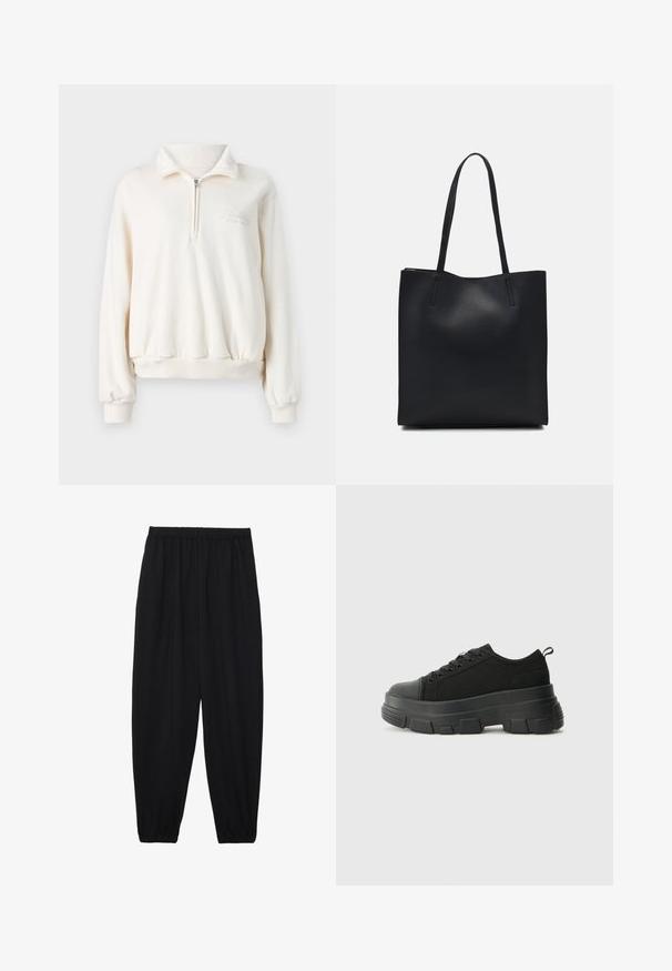 Cream zip-up sweatshirt with a stand collar, elastic cuffs, and hem. Features "Hollister Since 1922" logo in light gray on the chest.; Black, lightweight pants with an elastic waistband and gathered ankles. The fabric is smooth and features a relaxed, tapered design.; Black sneakers with a chunky rubber sole, textured fabric upper, round toe, and lace-up design. Features reinforced eyelets and back pull tab.; Black leather tote bag with smooth texture, rectangular shape, and two long handles. No visible hardware or embellishments.