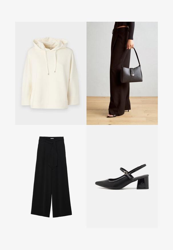 Cremefarbene Kapuzenpullover mit lockerer Passform und breiten Ärmeln. Verfügt über einen Kordelzug in der Kapuze und eine weiche, glatte Textur.; Schwarze weite Hosen aus strukturiertem Stoff, mit elastischem Bund und einem abnehmbaren Bindegürtel in der Taille für eine verstellbare Passform.; Schwarze Lackleder-Slingback-Absätze mit spitzer Zehenform, einem runden Ausschnitt-Design und einem Blockabsatz. Mit einem goldfarbenen Schnallenakzent.; Schwarze Handtasche mit strukturierter Form, glatter Textur und einem metallischen Verschluss. Kombiniert mit weiten schwarzen Hosen und offenen Sandalen auf einem Holzboden.