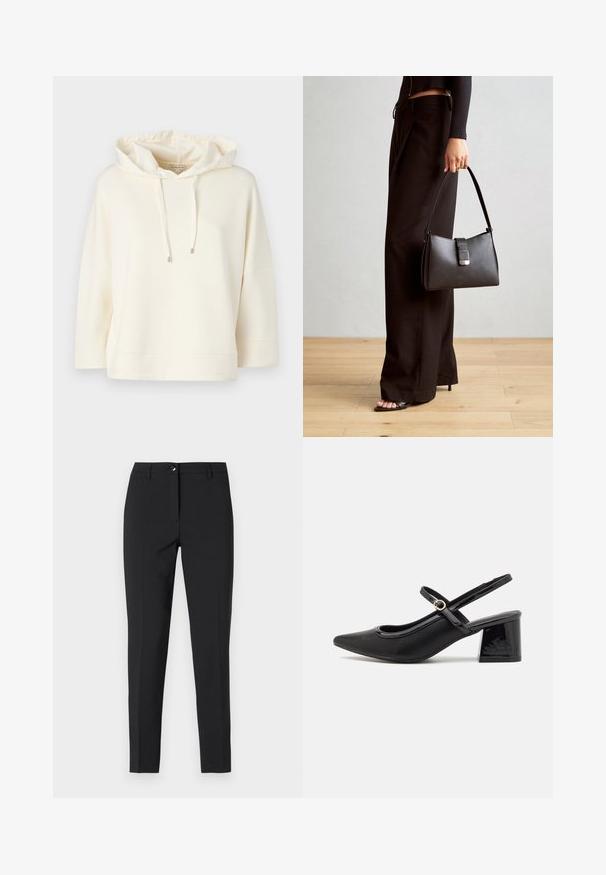 Felpa con cappuccio color crema, dal fit morbido e maniche ampie. Presenta un laccetto nel cappuccio e una texture morbida e liscia.; Pantaloni neri attillati in tessuto liscio, con una vita classica, zip frontale e tasche laterali, dal design elegante e sartoriale.; Décolleté in vernice nera con cinturino dietro, punta affusolata, design con ritagli arrotondati e tacco a blocco. Presenta un accento di fibbia tono oro.; Borsa nera con forma strutturata, texture liscia e una chiusura metallica. Abbinata a pantaloni neri larghi e sandali open-toe su un pavimento in legno.