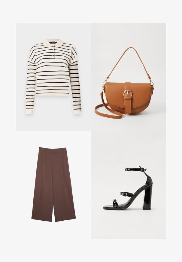 Polo majica z dolgimi rokavi v kremni barvi z črnimi vodoravnimi črtami, s klasičnim ovratnikom in zapiranjem na tri gumbe pri vratu.; Rjave široke hlače z gladko teksturo, ki imajo visok pas in sprednje naborke. Tkanina je lahka in prosto pada.; Črne lakirane sandale s peto, kvadratnim prstom, trakovi okrog gležnja in srebrnimi zaponkami. Opremljene so s stabilno Debelo peto.; Rjava usnjena torbica prek telesa s ukrivljeno obliko, zlate opreme in sponko. Ima odstranljiv naramni trak.