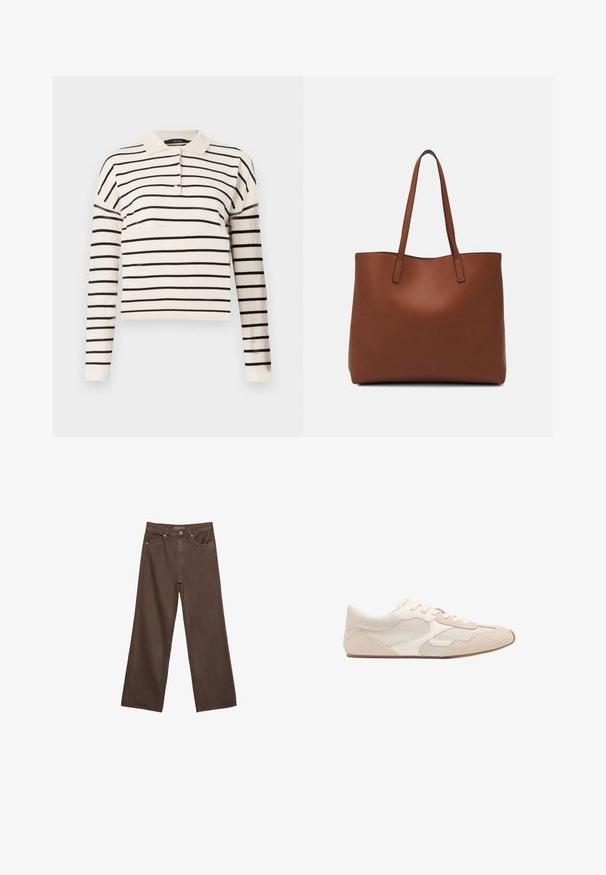 Polo majica z dolgimi rokavi v kremni barvi z črnimi vodoravnimi črtami, s klasičnim ovratnikom in zapiranjem na tri gumbe pri vratu.; Široke rjave kavbojke iz denima, ki imajo visok pas, sprednje žepe in klasično zapiranje na gumb. Gladka tekstura s subtilnim šivom.; Bežna atletska čevlja, ki združuje mrežaste in semiš materiale, ima okroglo konico in vezalke. Teksturovani detajli na zgornjem delu povečujejo oprijem.; Rjava usnjena torba z gladko teksturo, odprto zasnovo zgoraj in dvema naramnima trakovoma. Opremljena je z minimalnim šivanjem in brez vidnih kovinskih delov.