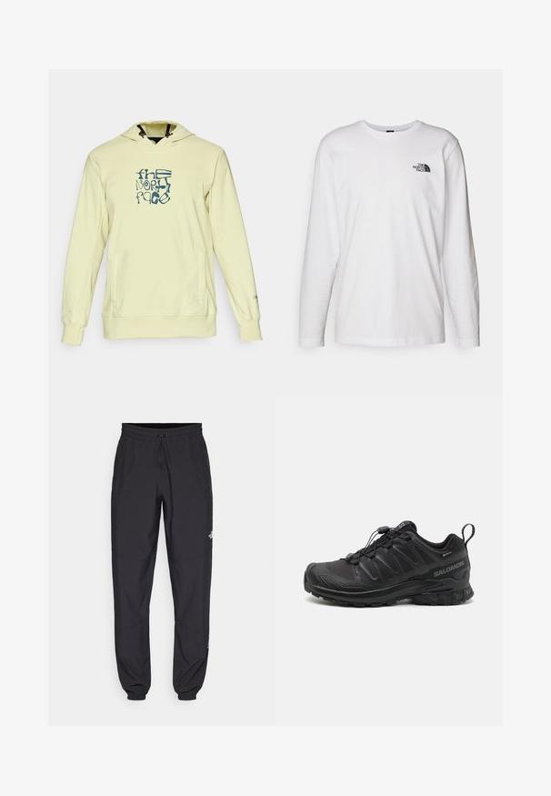 Jasnożółta bluza z kapturem z przednią kieszenią, z niebieskim graficznym logo. Wykonana z miękkiego materiału, z kapturem ze sznurkiem oraz ściągaczami przy rękawach.; Biała koszulka z długim rękawem wykonana z bawełny, z okrągłym dekoltem. Posiada małe czarne logo na piersi. Gładka faktura, regularny krój.; Czarne spodenki sportowe wykonane z lekkiego materiału, z elastycznym pasem na sznurek, bocznymi kieszeniami i zwężanymi mankietami przy kostkach.; Czarny but sportowy z teksturowanym syntetycznym wierzchem, amortyzowaną podeszwą i systemem szybkiego sznurowania. Posiada wzmocniony nos i piętę.