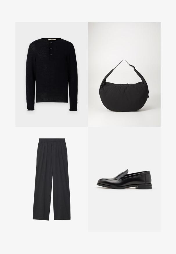 Czarna longsleeve henley koszula wykonana z miękkiej tkaniny, z okrągłym dekoltem i trzema guzikami z przodu. Lekko luźny krój z prążkowanymi mankietami.; Szerokie spodnie wykonane z ciemnoszarego materiału. Posiadają pliski w talii, dopasowany krój oraz prostą sylwetkę.; Czarne skórzane mokasyny o gładkiej fakturze, zaokrąglonym nosku i dekoracyjnym pasku na przodzie. Niski, warstwowy obcas, minimalistyczny design.; Czarna torebka na ramię o zaokrąglonym kształcie, z pojedynczym paskiem i zamknięciem na zamek. Miękka faktura, minimalistyczny design.