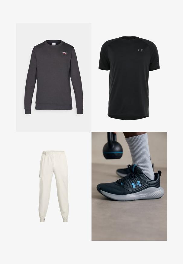 Dunkelgrauer Sweatshirt aus weichem Baumwollmix. Verfügt über einen runden Ausschnitt, lange Ärmel und ein kleines rotes Reebok-Logo auf der Brust.; Schwarzes kurzärmeliges Sportshirt aus glattem, leichtem Material. Verfügt über einen runden Ausschnitt und ein dezentes Logo auf der Brust.; Hellbeige Jogginghosen mit elastischem Bund, Seitentaschen und gerippten Bündchen; mit einem schwarzen Logo-Akzent an der linken Hüfte.; Schwarzer Sportschuh mit blauen Akzenten, strukturiertem Obermaterial und grauer Sohle. Getragen mit grauen gerippten Socken, neben einer schwarzen Kettlebell.