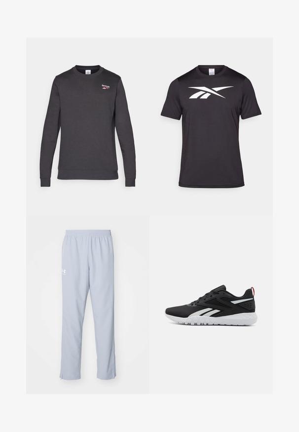 Tamno sivi dukserica od mekanog pamuka. Ima okrugli izrez, duge rukave i mali crveni Reebok logo na prsima.; Crna atletska majica izrađena od lagane tkanine, s istaknutim bijelim logotipom na prednjoj strani. Kratki rukavi i dizajn s okruglim izrezom.; Svijetloplave sportske hlače s elastičnom pasicom, bočnim džepovima i zatvaračima na gležnjevima. Imaju bijeli logo na lijevom bedru.; Crne atletske cipele s mrežastim gornjim dijelom, bijelim akcentima, teksturiranim potplatom i crvenim detaljem na peti za dodatnu istaknutost.