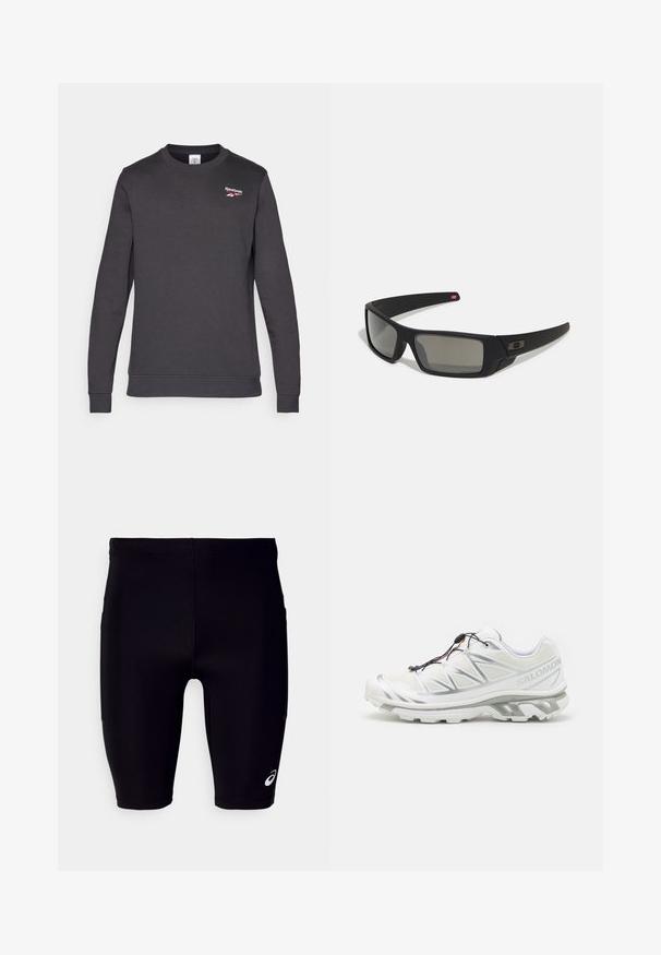 Tmavě šedá mikina vyrobená z měkké bavlněné směsi. Má kulatý výstřih, dlouhé rukávy a malé červené logo Reebok na hrudi.; Černé sportovní šortky vyrobené z elastického materiálu, s těsným střihem, délky po kolena a malým bílým logem na spodní straně.; Bílé sportovní boty s texturovaným svrškem, reflexními detaily a šedou podešví. Vyznačují se akcentovanými trojúhelníkovými vzory a systémem rychlého šněrování.; Černé sluneční brýle s matným povrchem, obdélníkové čočky, mírná křivka na spáncích, nenápadný detail loga a čočky s kouřovým zabarvením.