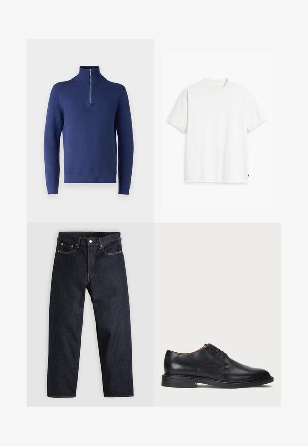 Granatowy sweter z wysokim kołnierzem i zamkiem błyskawicznym do połowy, z teksturowanym wzorem dzianiny oraz prążkowanymi mankietami i dołem.; Biała bawełniana koszulka z krótkim rękawem, okrągłym dekoltem i dyskretnym logo Levi's nadrukowanym na środku. Miękka tekstura i standardowy krój.; Granatowe dżinsy w prostym kroju, z pięcioma kieszeniami, kontrastującymi pomarańczowymi szwami oraz zapięciem na guzik. Brak widocznych wzorów lub zdobień.; Czarne skórzane buty wizytowe z okrągłym noskiem, sznurowanym zapięciem i niskim, warstwowym obcasem. Gładka faktura z minimalnymi detalami stębnowania.