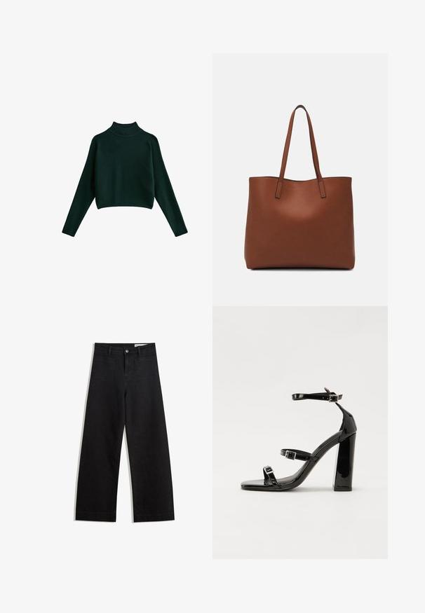 New Look - Sweter; Czarne dżinsowe spodnie o szerokich nogawkach i wysokim stanie, z przednimi i tylnymi kieszeniami, przeszyciami oraz zapięciem na guziki. Gładka struktura.; Czarne lakierowane sandały na obcasie z kwadratowym noskiem, z paskami wokół kostki i srebrnymi klamrami. Posiadają masywny słupek dla stabilności.; Brązowa skórzana torba tote o gładkiej fakturze, z otwartym wierzchem i dwoma ramiączkami. Charakteryzuje się minimalnym przeszyciem i brakiem widocznych elementów metalowych.