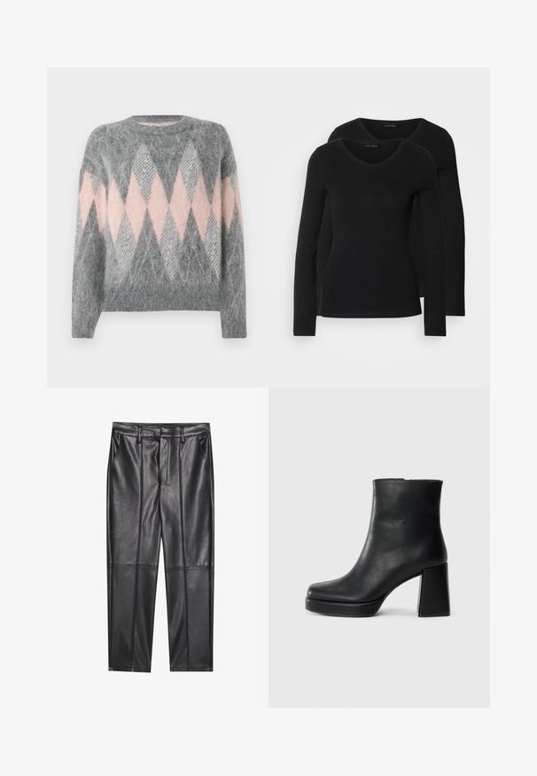 Šedý vlněný svetr s růžovým a světle šedým diamantovým vzorem. Kulatý výstřih a ribbovaná spodní lem. Měkká textura, dlouhé rukávy.; Dvě černé dlouhé rukávy trička s výstřihem do V, vyrobené z měkkého, elastického materiálu, s hladkou texturou a přiléhavým střihem.; Černé kožené kalhoty s hladkou texturou, se střihovým provedením rovného střihu, dvěma předními kapsami a viditelnými švy.; Černý kožený kotníkový bot s blokovým podpatkem a platformou, viděný z boku na jednoduchém bílém pozadí.