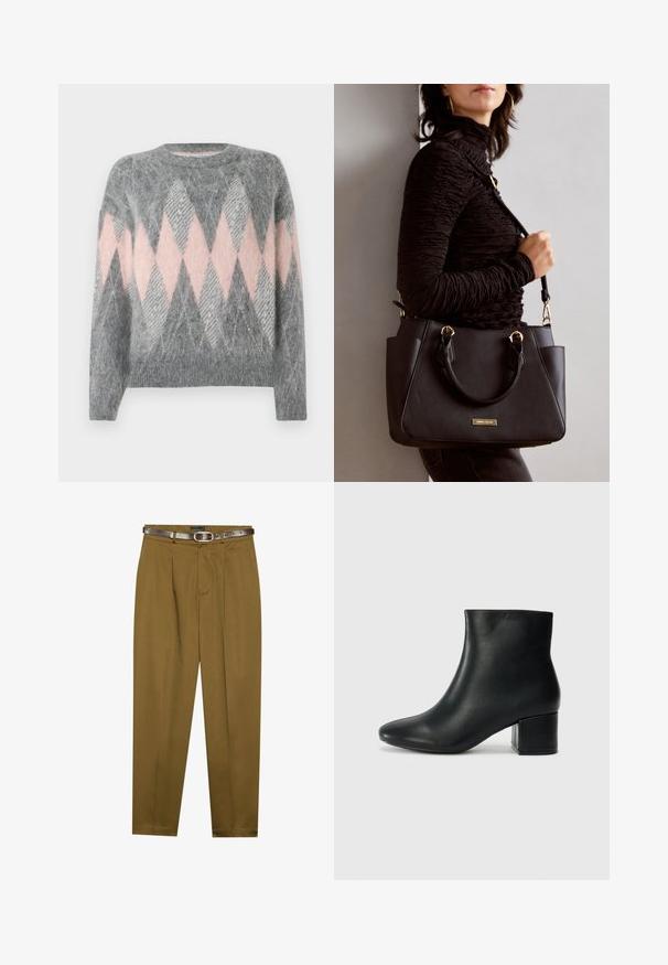 Gray wool sweater with a pink and light gray diamond pattern. Rounded neckline and ribbed bottom hem. Soft texture, long sleeves.; Brown, tailored trousers with a pleated front and a fitted waistband. Dark brown leather belt included, featuring a round buckle.; Black leather ankle boots with a pointed toe and a chunky heel. Smooth texture with minimal accents and a sleek, fitted design.; Black handbag with textured surface, dual top handles, and adjustable shoulder strap. Features gold-tone hardware and side pockets.