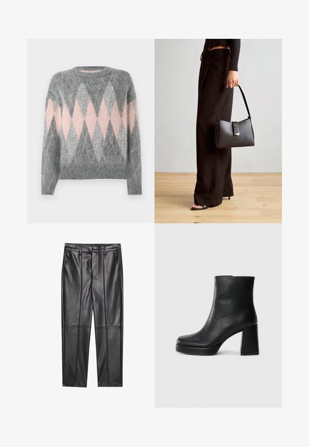 Maglione grigio in lana con un motivo a diamante rosa e grigio chiaro. Collo rotondo e orlo inferiore a costine. Tessuto morbido, maniche lunghe.; Pantaloni in pelle nera con una texture liscia, caratterizzati da un fit dritto, due tasche frontali e dettagli delle cuciture in evidenza.; Stivale alla caviglia in pelle nera con tacco a blocco e suola platform, visto di lato su uno sfondo bianco uniforme.; Borsa nera con forma strutturata, texture liscia e una chiusura metallica. Abbinata a pantaloni neri larghi e sandali open-toe su un pavimento in legno.