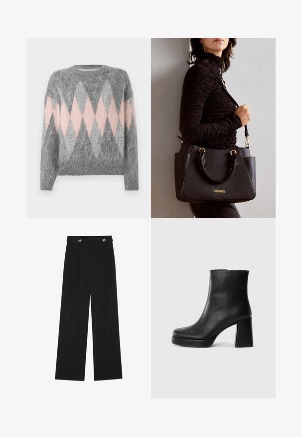 Suéter de lã cinza com um padrão de losangos em rosa e cinza claro. Decote redondo e barra inferior canelada. Textura suave, mangas longas.; Calças largas pretas com cintura alta, detalhes em botão na cintura e pregas frontais.; Bota de couro preta até ao tornozelo com salto bloco e sola com plataforma, vista de lado sobre um fundo branco liso.; Bolsa preta com superfície texturizada, alças superiores duplas e alça de ombro ajustável. Apresenta ferragens em tom dourado e bolsos laterais.