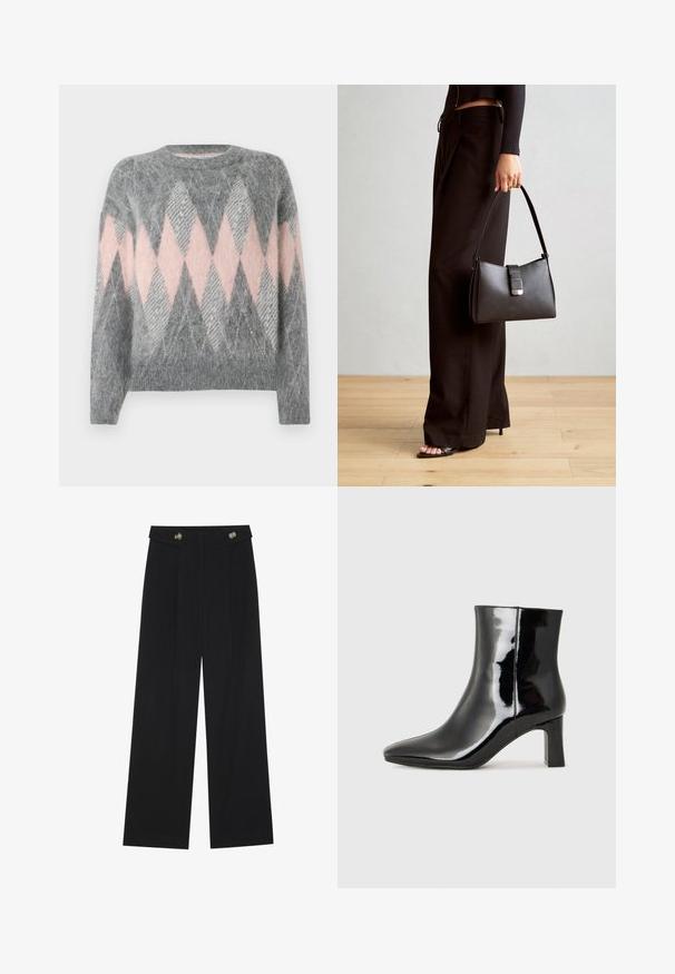 Szary wełniany sweter z różowym i jasnoszarym wzorem w romby. Okrągły dekolt i ściągacz na dole. Miękka tekstura, długie rękawy.; Czarne szerokie spodnie z wysokim stanem, z detalami w postaci guzików na pasku oraz plisami z przodu.; Czarne lakierowane botki za kostkę z wysmukłym noskiem i średniej wysokości obcasem w kształcie słupka. Gładka tekstura i minimalistyczny design.; Czarna torebka o usztywnionym kształcie, gładkiej fakturze i metalowym zapięciem. Połączona z szerokimi czarnymi spodniami i sandałami na otwartym palcu na drewnianej podłodze.