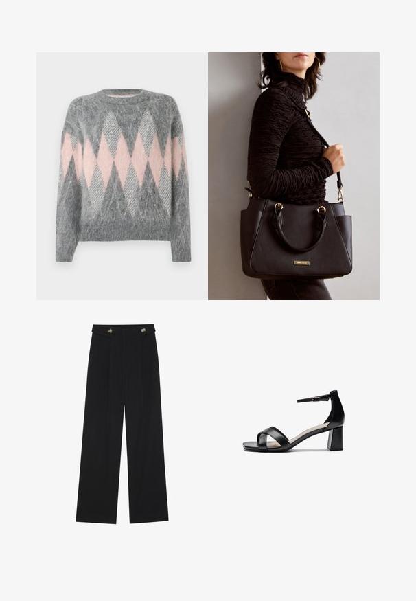 Grå ullgenser med et rosa og lysegrått diamantmønster. Rund halslinning og ribbet bunnkant. Myk tekstur, lange ermer.; Svart vide bukser med høy midje, knappdetaljer på midjebåndet og frontplisser.; Sorte åpen tå hælsandal med kryssede stropper, justerbar ankelstropp og kraftig hæl, med en jevn lærtekstur.; Svart håndveske med teksturert overflate, doble topphåndtak og justerbar skulderrem. Har detaljer i gulltone og sidelommer.