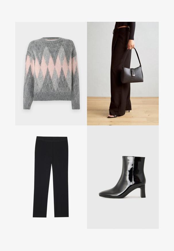 Šedý vlněný svetr s růžovým a světle šedým diamantovým vzorem. Kulatý výstřih a ribbovaná spodní lem. Měkká textura, dlouhé rukávy.; Černé kalhoty se střihovým designem rovného nohavice, s bočními kapsami a jemnou texturou látky. Minimální detaily, čistý pas.; Černé lakované kotníkové boty s špičatou špičkou a středně vysokým blokovým podpatkem. Hladká textura a minimalistický design.; Černá kabelka se strukturovaným tvarem, hladkým povrchem a kovovým uzávěrem. Kombinována s širokými černými kalhotami a sandály s otevřenou špičkou na dřevěné podlaze.