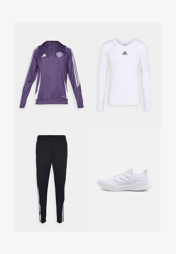 Hoodie de sport violet avec des rayures blanches sur les côtés, présentant un logo sur la poitrine et un design à demi-zip. Fabriqué en tissu lisse et respirant.; T-shirt de sport à manches longues, blanc, en matériau lisse, avec un logo Adidas noir sur la poitrine ; design en V et coupe ajustée.; Pantalons de sport noirs avec une coupe décontractée, dotés de bandes latérales blanches, d'une taille élastique avec cordon de serrage, et de deux poches latérales. Fabriqués en tissu doux.; Chaussures de sport blanches avec un dessus en mesh texturé, une semelle rembourrée et un design à trois bandes sur le côté.