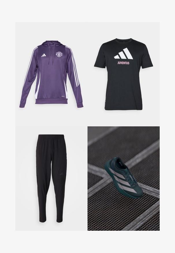 Violets sporta kapuce ar baltām sānu svītrām, ar logo uz krūškurvja un pus-zip dizainu. Izgatavots no gludas, elpojošas auduma.; adidas Performance JUVENTUS TURIN SEASONAL GRAPHIC TEE - Klubu apģērbs - black; Melni sporta bikses ar elastīgu jostasvietu, sašaurinātu dizainu, sānu kabatām un smalku logo akcentu. Izgatavotas no elastīga, elpojoša auduma.; Tumši tējas krāsas sporta apavi ar teksturētu virsu, ar trim baltām svītrām, noapaļotu purngalu un mīkstu zoli.