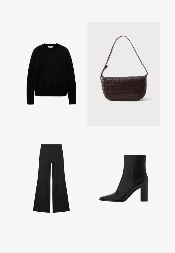 Black, crew-neck sweater made from soft fabric, featuring long sleeves and a clean, simple design without distinct patterns or accents.; Black wide-leg pants with a smooth texture, featuring front pleats and a tailored design. The fabric is lightweight and flowy.; Black leather ankle boot with a pointed toe, square heel, smooth texture, and stitching details along the seams. Heels measure approximately 3.5 inches.; Woven leather shoulder bag in dark brown with a curved shape, adjustable strap, and a smooth finish. Compact design with no visible hardware.