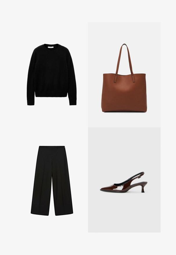 Schwarzer Rundhalsausschnitt-Pullover aus weichem Stoff, mit langen Ärmeln und einem schlichten, einfachen Design ohne ausgeprägte Muster oder Akzente.; Schwarze, weit geschnittene Hosen aus weichem Stoff, mit hohem Bund und Falten, die eine glatte Textur und keine sichtbaren Verzierungen aufweisen.; Braune Lackleder-Slingback-Schuhe mit spitzer Zehe und moderatem Absatz. Mit einem Schnallenriemen für einen sicheren Sitz. Glatte Textur.; Braune Leder-Tote mit glatter Textur, offenem Oberteil und zwei Schulterriemen. Verfügt über minimale Nähte und keine sichtbaren Beschläge.