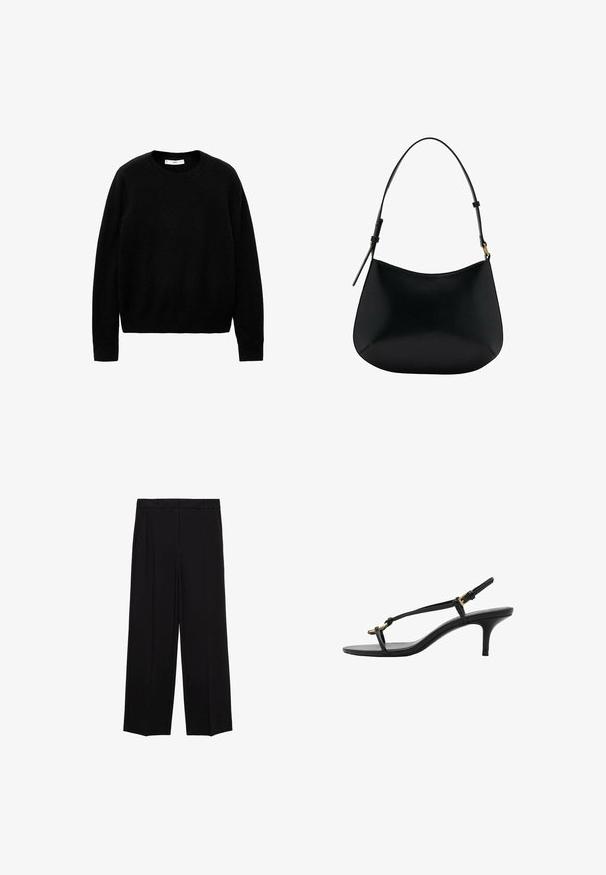 Črna jopica s krožnim ovratnikom, izdelana iz mehkega blaga, s dolgimi rokavi in preprostim, minimalističnim dizajnom brez izrazitih vzorcev ali dodatkov.; Črne široke hlače iz gladkega materiala, z gubami spredaj in stranskimi žepi, zasnovane v ravnem, sproščenem kroju.; Črne usnjene sandale s kitten peto, tankimi trakovi, zlate zaponke in minimalistično zanko za prste na beli podlagi.; Črna usnjena torba za ramo z gladko teksturo, ukrivljeno obliko in nastavljivim ročajem. Ima minimalno šivljenje in preprost dizajn.