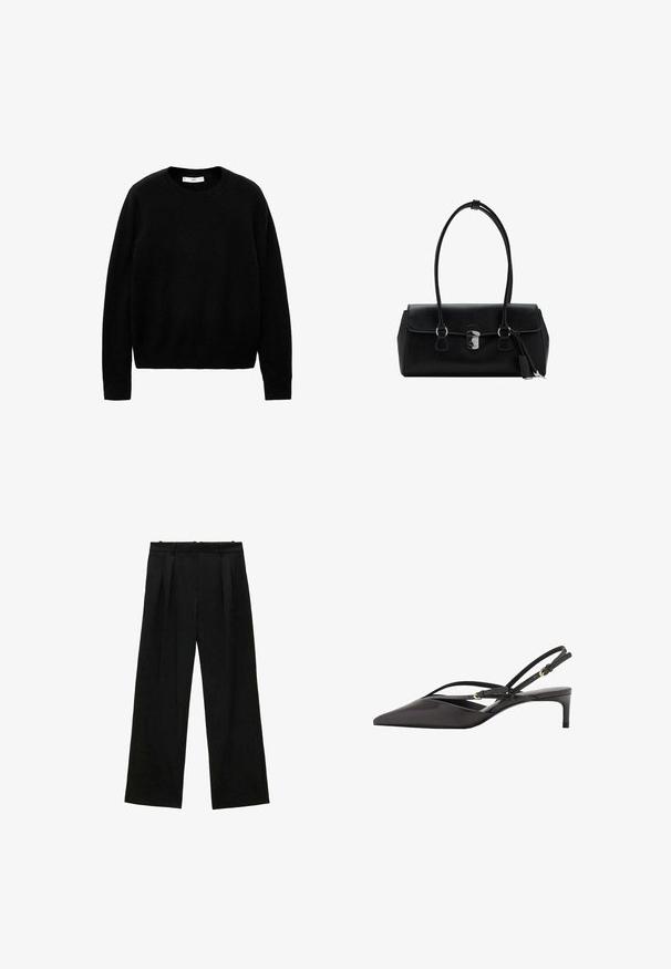 Black, crew-neck sweater made from soft fabric, featuring long sleeves and a clean, simple design without distinct patterns or accents.; Black wide-leg trousers with pleats, featuring a smooth texture and a high waist design. Minimalist style, no visible hardware or embellishments.; Black leather slingback pump with a pointed toe, slender ankle straps, and a low stiletto heel. Smooth texture with minimalistic design.; Black leather handbag with a smooth texture, structured design, dual handles, and a silver clasp detail at the center.