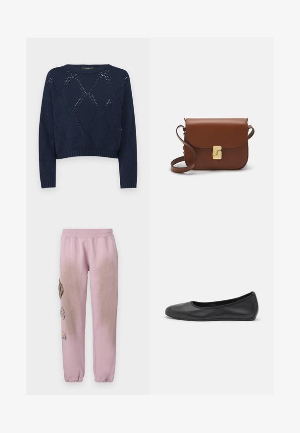 Weekend Max Mara ABBOZZI - Jumper - blu; Pink sweatpants with an elastic waistband, featuring decorative patches in diamond shapes on the left side and elastic cuffs at the ankles.; Black leather ballet flat with a rounded toe, smooth texture, minimal stitching detail, and a flexible sole design.; Brown leather handbag with a flap closure, gold-tone hardware, a shoulder strap, and a smooth texture. Compact rectangular shape.
