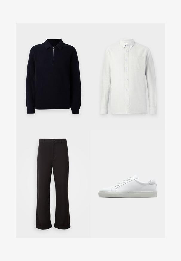 Pullover em malha canelada azul-marinho com fecho de correr na frente, um colarinho clássico e mangas longas. Textura suave com um corte descontraído.; Camisa de manga longa de cor clara com riscas verticais, colarinho com botões e um bolso no peito. O tecido parece texturizado com um acabamento suave.; Calças pretas com um corte reto, feitas de tecido leve. Apresentam um fecho clássico com botão e punhos dobrados na bainha.; Sapatilha branca com um cabedal em couro liso e de perfil baixo. Apresenta um bico redondo, seis ilhoses e uma sola de borracha texturizada.