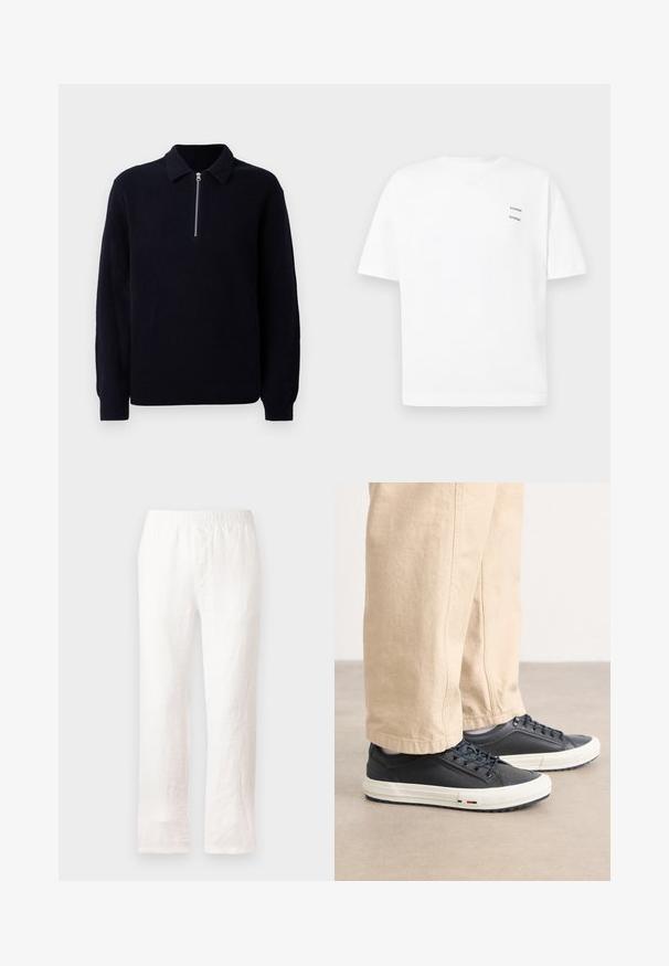 Jūras spēku zils ribota adīšana vilnas krekls ar rāvējslēdzēju priekšpusē, klasisku apkakli un garām piedurknēm. Mīksta tekstūra ar brīvu piegriezumu.; Balta kokvilnas T-kreklu ar brīvu piegriezumu, īsām piedurknēm un V-veida kaklu. Izvērsītas divas mazas melnas drukātas logo kreisajā pusē.; Baltas lina bikses ar elastīgu jostu, taisnas kājas dizains un mazliet teksturēta auduma. Nav rakstiem vai papildu detaļām.; Tumši zili sporta apavi ar gludu ādas augšdaļu, balto gumijas zoli un detaļām izšūtām šņorēm. Saldināti ar bēšiem, brīvi pieguļošiem biksēm.