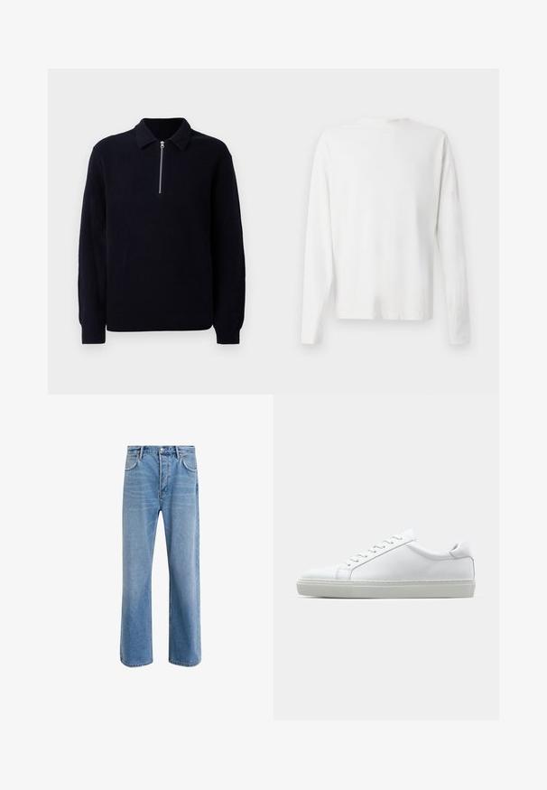 Navy ribbed knit pullover with a zippered front, a classic collar, and long sleeves. Soft texture with a relaxed fit.; Long-sleeved white cotton shirt with a round neckline, side slits at the bottom, and a smooth texture, displayed from the back.; Light blue denim jeans with a straight-leg design, five pockets, button closure, minimal fading, and contrasting stitching details.; White sneaker with a smooth leather upper and a low profile. Features a rounded toe, six eyelets, and a textured rubber sole.