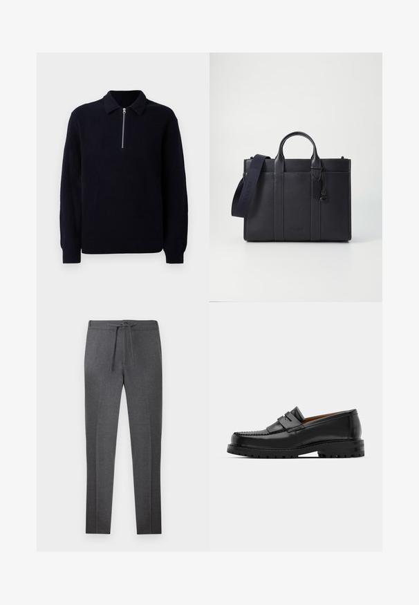Suéter de punto acanalado navy con cremallera frontal, cuello clásico y mangas largas. Textura suave con un ajuste relajado.; Pantalones en un gris oscuro, con corte tapered, cintura elástica y cordón ajustable, que presentan sutiles plisados en la parte frontal.; Los mocasines de cuero negro presentan una costura elevada, dos correas decorativas en la parte superior y una suela gruesa y texturizada para mayor agarre.; Maletín de cuero negro marino con dos asas superiores y una correa desmontable. Presenta un acabado texturizado, costura vertical y detalle del logo.