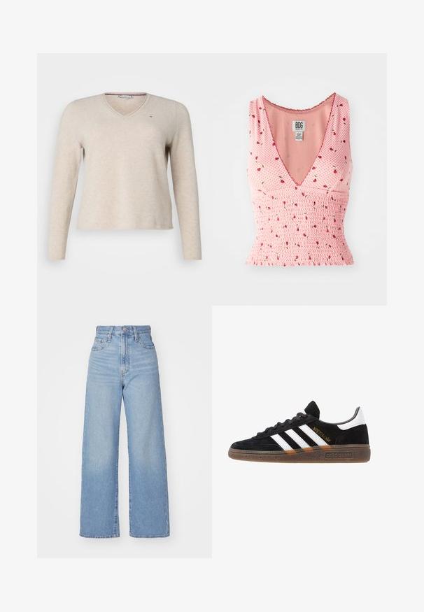 Tommy Hilfiger Curve SWEATER - Maglione - ivory petal heather; Top rosa senza maniche con scollatura a V, caratterizzato da dettagli arricciati e una stampa floreale. Piccole fiori rossi sono sparsi su uno sfondo a pois.; Jeans a vita alta blu chiaro con gamba larga, chiusura frontale con bottone e zip, tasche anteriori e posteriori, su uno sfondo bianco.; Sneaker Adidas nere con strisce bianche, testo "Spezial" dorato, suola in gomma e tab sul tallone bianco, mostrato in veduta laterale.