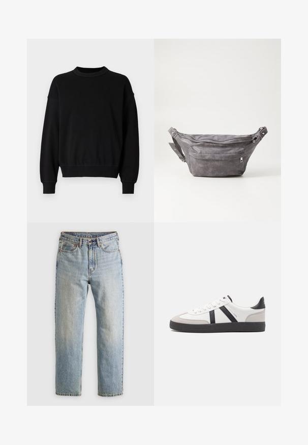 Black sweatshirt made of smooth fabric, featuring a crew neckline, long sleeves, and fitted cuffs with a relaxed fit at the waist.; Light blue denim jeans with high waist, front button, zipper, and five-pocket design, laid flat on a neutral background.; White sneaker with black and gray accents, featuring a textured gray toe cap, black rubber sole, and flat white laces. Clean design, minimalist style.; Gray suede fanny pack with a rounded shape, two zippered compartments, and adjustable strap. Features metal hardware accents.