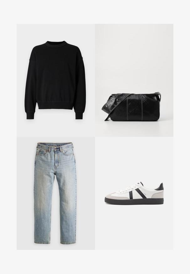 Must mustar, mis on valmistatud siledast kangast, omab ümarat kaelust, pikki varrukaid ja istuvaid mansette, valmistatud vöökoht ja laiemat lõiget.; Heledad hele sinine teksapükste kõrge vöökoht, ees nupuga, lukuga ja viie taskuga disain, asetatud tasasele neutraalsele taustale.; Valged tossud mustade ja hallide aktsentidega, tekstureeritud halli varbakattega, musta kummitald ja lamedad valged paelad. Puhtad jooned, minimalistlik stiil.; Must mustra nahkainine õlakott, millel on tõmblukk, tekstureeritud pind, valged õmblused ja rihm hõbedaste rõngastega.