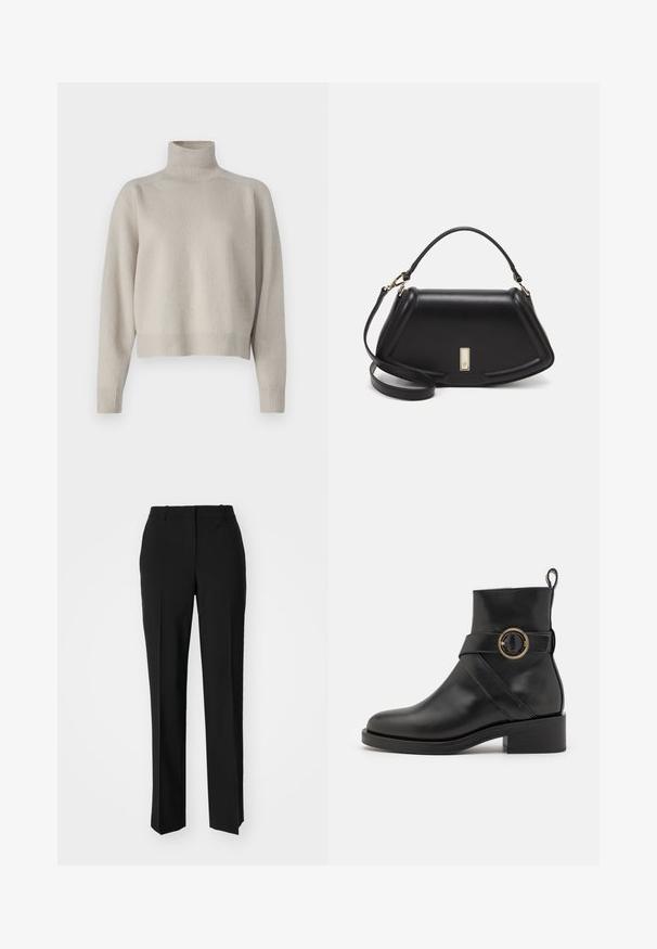 DRYKORN LYZIMA - Strickpullover - brown; Schwarze, taillierte Hose mit geradem Bein, aus einem glatten Stoff und mit klaren Falten an der Vorderseite. Keine sichtbare Hardware.; BOSS IRYNA BOOTIE - Plateaustiefelette - black; Schwarze Lederhandtasche mit einem strukturierten Design, das eine verkürzte Form, einen oberen Griff und goldfarbene Hardware-Details aufweist. Verstellbarer Schulterriemen ist enthalten.