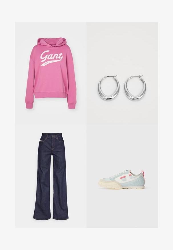 Pink, hooded sweatshirt made of soft fabric. The front features a large white "Gant" logo and the year "1949." It has a relaxed fit.; Dark blue wide-leg jeans in denim fabric with a high waist, featuring orange stitching, five-pocket design, and a button closure.; Sneaker featuring a light blue and white design with textured suede, contrasting pink accents, and a chunky cream outsole.; Pair of polished silver crescent hoop earrings with hinged clasps on a white background.