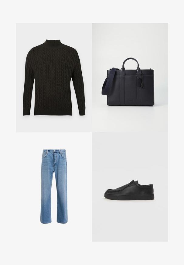 Pullover nero in maglia con collo alto a dolcevita, motivo a treccia testurizzato, maniche lunghe e polsini e orlo a coste.; Jeans in denim blu chiaro con design a gamba dritta, cinque tasche, chiusura con bottone, leggero sbiadimento e dettagli di cucitura a contrasto.; Scarpa slip-on in pelle nera con punta arrotondata, dettagli cuciti e suola in gomma nera. Texture liscia con design minimalista.; Cartella in pelle blu scuro con doppio manico superiore e tracolla removibile. Presenta una finitura texturizzata, cuciture verticali e dettaglio del logo.