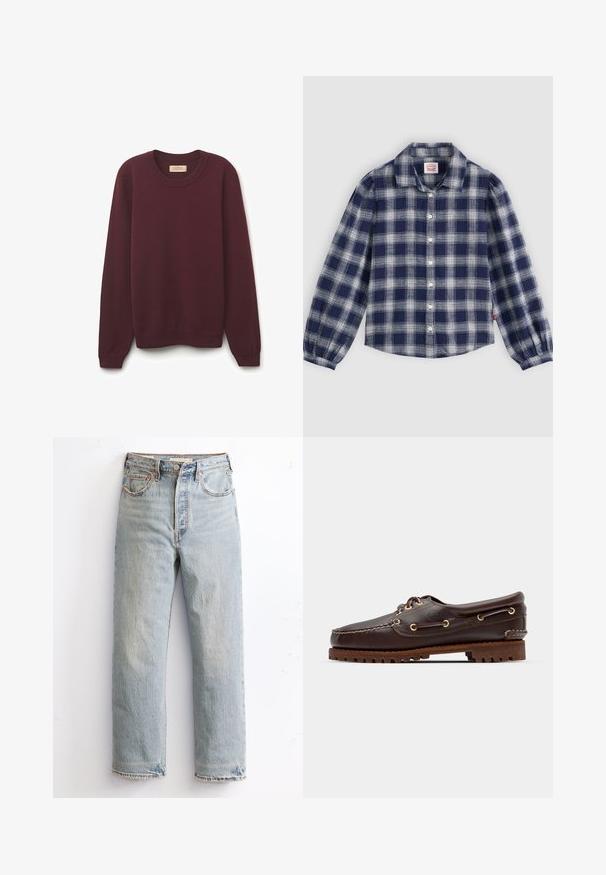 Sweater bordeaux à col rond avec manches longues, finitions côtelées aux poignets et à l'ourlet, fabriqué dans un matériau doux au toucher lisse. L'étiquette est visible au niveau du col.; Chemise à manches longues à carreaux bleu marine et blancs, avec un bouton sur le devant, un col classique et des détails de poignet froncés. Fabriquée en tissu léger.; Jean en denim bleu clair avec une coupe à jambe droite, présentant un ourlet effiloché, des rivets en cuivre et un style classique à cinq poches.; Bateau en cuir marron avec des œillets dorés, des lacets ronds et une semelle en caoutchouc marron texturée. Présente des détails de couture et un logo en relief.