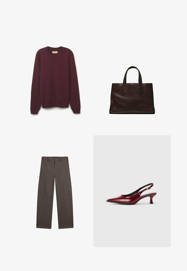 Burgunderfarbener Rundhals-Pullover mit langen Ärmeln, gerippten Bündchen und Saum, aus einem weichen Material mit glatter Textur. Das Etikett ist am Kragen sichtbar.; Weite Hosen aus dunkelbraunem Stoff. Mit einem Knopfverschluss, zwei vorderen Taschen und einer glatten Textur mit sauberen Nähten.; Burgunderfarbene Lackleder Slingback-Absätze mit spitzem Zehenbereich und schlankem Stiletto-Absatz. Offenes Rückendesign mit verstellbarem Knöchelriemen.; Braune Ledertasche mit zwei langen Griffen, strukturierte rechteckige Form, glatte Textur und dezente Nähdetails.