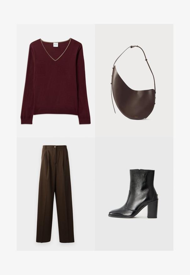 Burgundyröd stickad tröja med långa ärmar, V-ringning och kontrasterande kant längs halsringningen. Mjuk textur, ribbade ärmslut och nederkant.; Bruna skräddarsydda byxor med vid bendesign, med framfickor, knäppning och en slät, texturerad tyg.; Svart läderankelboot med en slät yta, spetsig tå och en kraftig hög klack. Har en sidöppning och ett minimalistiskt design.; Brun läderhandväska med en böjd form, enkel rem och minimalistisk design. Har en diskret logotyp och detaljer i guld.