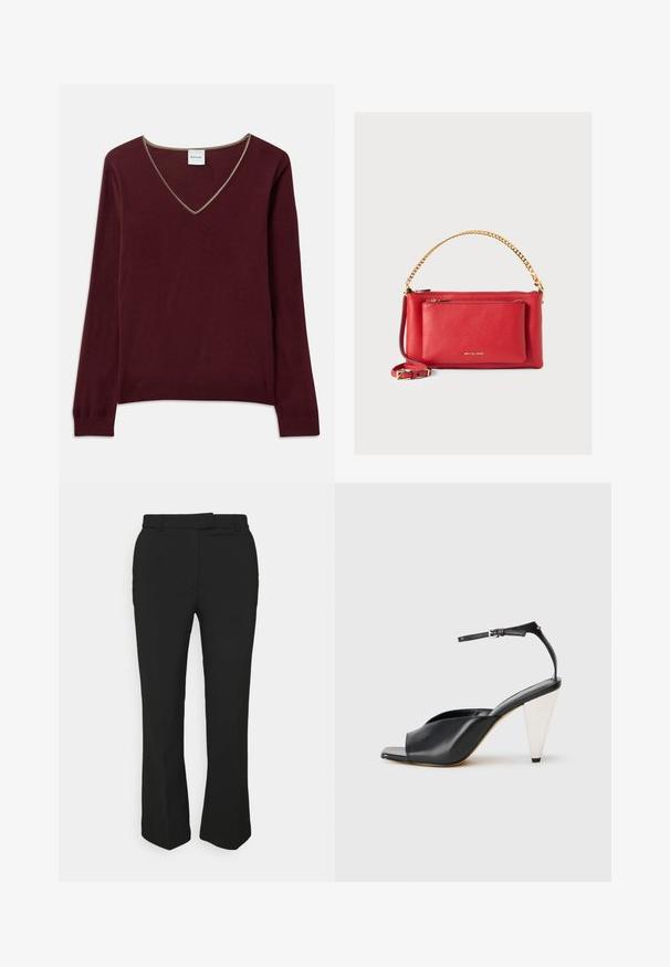 Burgundy knit sweater with long sleeves, V-neck, and contrasting trim along the neckline. Soft texture, ribbed cuffs and hem.; Black tailored pants with a straight-leg design, featuring belt loops and side pockets. Made from smooth fabric with a clean finish.; Black leather high heel sandal with open toe, asymmetrical design, ankle strap, and a metallic cone-shaped heel. Smooth texture throughout.; Red leather handbag with a textured finish, gold chain and strap, front zipper pocket, and embossed logo. Compact and structured design.
