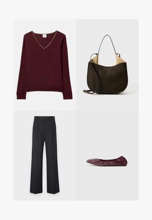Burgundská pletená svetr s dlouhými rukávy, výstřihem do V a kontrastním lemováním na límci. Měkká textura, žebrované manžety a lem.; Tmavě modré kalhoty s pruhy, vysokým pasem, širokým nohavicemi a bez viditelného kování nebo ozdob. Hladká textura a přesně padnoucí střih.; Balerína v tmavě burgundské kůži, se zaoblenou špičkou, elastickým lemem a hladkou texturou s jemným řasením.; Tmavě hnědá semišová kabelka s hladkou texturou, minimalistickým designem a kontrastním světlým interiérem. Obsahuje dlouhý kožený popruh.