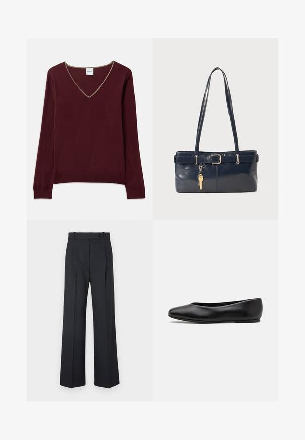 Burgunderfarbener Strickpullover mit langen Ärmeln, V-Ausschnitt und kontrastierendem Besatz entlang des Ausschnitts. Weiche Textur, gerippte Bündchen und Saum.; Dunkelblaue Nadelstreifenhosen mit hoher Taille, weit geschnittenem Bein und ohne sichtbare Beschläge oder Verzierungen. Glatte Textur und taillierte Passform.; Paul Smith TOPANGA - Klassischer Ballerina - black; Marineblaue Lederhandtasche mit zwei langen Griffen, einer Schnallen-Detailierung und einem daran befestigten Schlüsselanhänger. Besitzt eine glatte Textur und eine rechteckige Form.