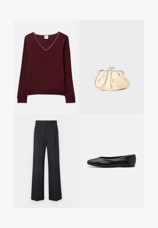 Pulover tricotat burgund cu mâneci lungi, decolteu în V și margine contrastantă pe guler. Textură moale, manșete și tiv cu reișor.; Pantaloni în dungi de culoare albastru închis, cu talie înaltă, design cu broek larghi și fără hardware sau embellishments vizibile. Textură netedă și croi adaptat.; Paul Smith TOPANGA - Balerini - black; Clutch din piele plisată bej, cu un cadru din metal argintiu, având două închideri decorative rotunde și o curea din lanț argintiu.
