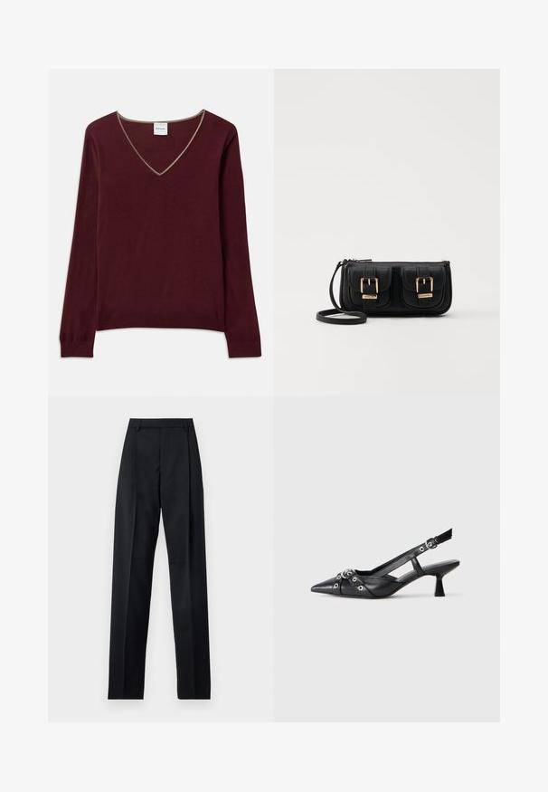 Bordeaux gebreid sweater met lange mouwen, V-hals en contrasterende afwerking langs de halslijn. Zachte textuur, geribde manchetten en zoom.; Zwarte broek gemaakt van gladde stof met een hoge taille, wijde benen, voorplooien en klassieke ceintuurlussen. Geen zijzakken zichtbaar.; Zwarte leren slingback schoen met een puntige neus, decoratieve banden met metalen oogjes en een lage blokhak. Textuur oppervlak.; Zwarte leren schoudertas met twee vo pockets, gouden gespen, ritsluiting en een smalle band. Tekstuur oppervlak en compacte rechthoekige vorm.