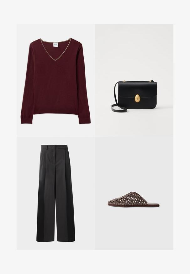 Pulover tricotat burgund cu mâneci lungi, decolteu în V și margine contrastantă pe guler. Textură moale, manșete și tiv cu reișor.; Pantaloni negri cu talie înaltă, cu picioare largi, având pliseuri frontale, o textură netedă și un finisaj croit. Concepuți pentru o croială relaxată.; Sandale tip slide împletite, de culoare maronie, cu vârf rotund, design deschis, talpă plată și suprafață texturată. Material ușor și siluetă minimalistă.; Geantă de mână din piele neagră, cu o formă rectangulară structurată. Are un capac oval auriu și o curea subțire pentru umăr. Textură netedă.