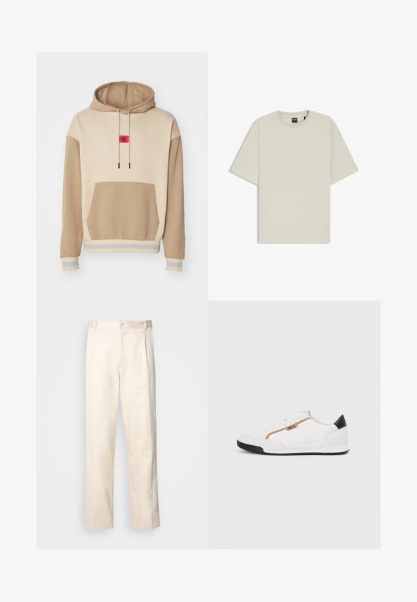 HUGO DICHECK - Collegepaita - light beige; Vaaleanbeige t-paita, joka on valmistettu pehmeästä puuvillasta ja jossa on rento malli, pyöreä kaula-aukko ja lyhyet hihat. Ei näkyviä kuvioita tai yksityiskohtia.; Vaaleanbeige puuvillahousut, joissa on suora lahje, varustettu nappisulkeisella ja etupuolella olevilla laskoksilla lisäyksinä.; Valkoiset urheilukengät, joissa on verkkokudosta ja nahkaosia. Varustettu kultaisella "BOSS"-logolla, tekstuurillisilla sivupaneeleilla ja mustalla kantapäällä. Kumikanta.